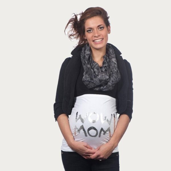 Op en Top Zwanger Zwangerschaps Buikband Wow Mom Wit/Zilver