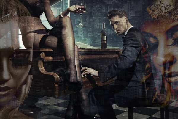 Foto Glas Art - Man achter piano en vrouw in lingerie, 80x120cm, multi-gekleurd, prachtig voor in de woon en of slaapkamer, inclusief ophang materiaa