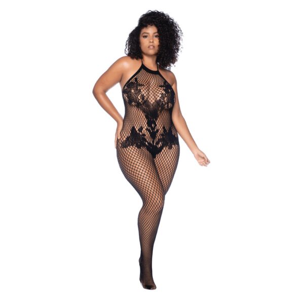 Mapalé Halter en Kralenloze Bloemen Bodystocking - Koninginneformaat - Zwart