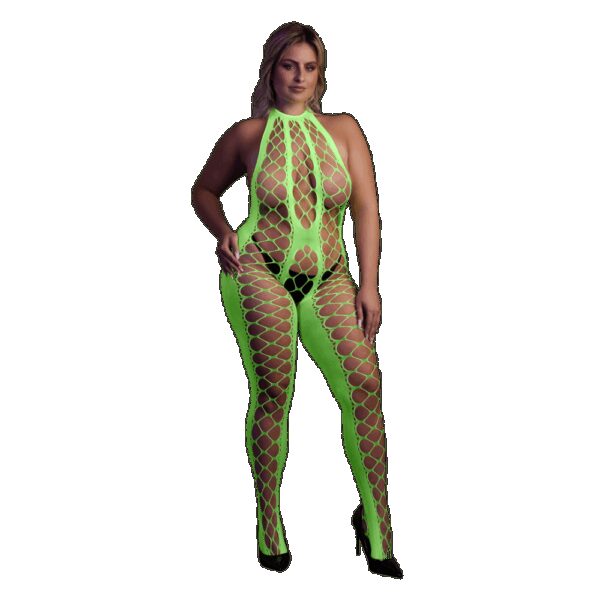 Ouch! by Shots Bodystocking met Halterneck - Plus Size - Neon Groen